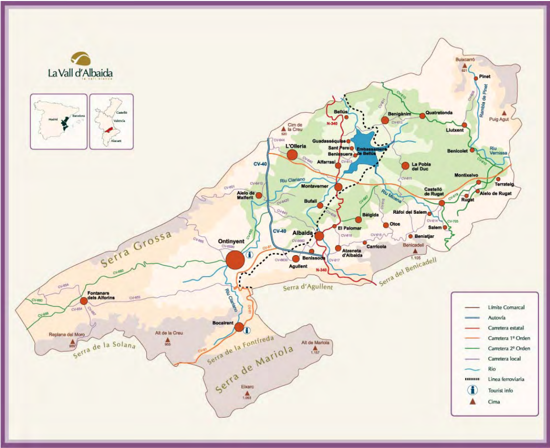 Plano de ubicación y mapa de municipios de La Vall d'Albaida junto a la CV-60